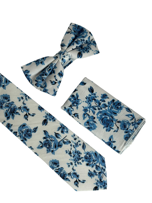 ivory with  blue rose design cotton tie
